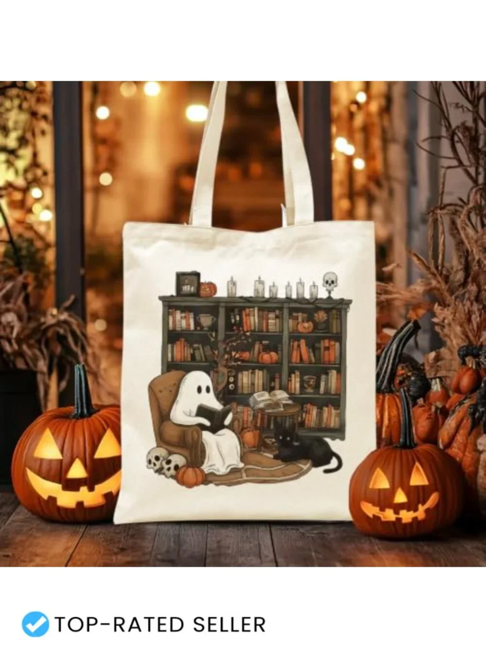 Spooky Book Lover Ghost Tote Bag Black Cat Pumpkin Skull